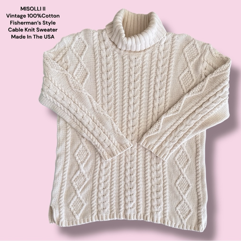 Vintage White 100% Cotton Cable‎ Knit Sweater By MISOLLI II Fisherman Style
